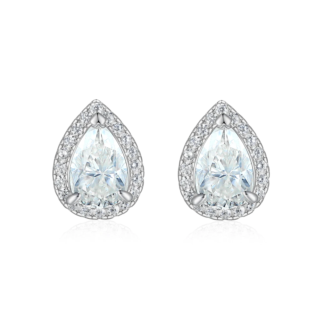 Halo Pears - Pear Moissanite Stud Earrings in Halo Setting