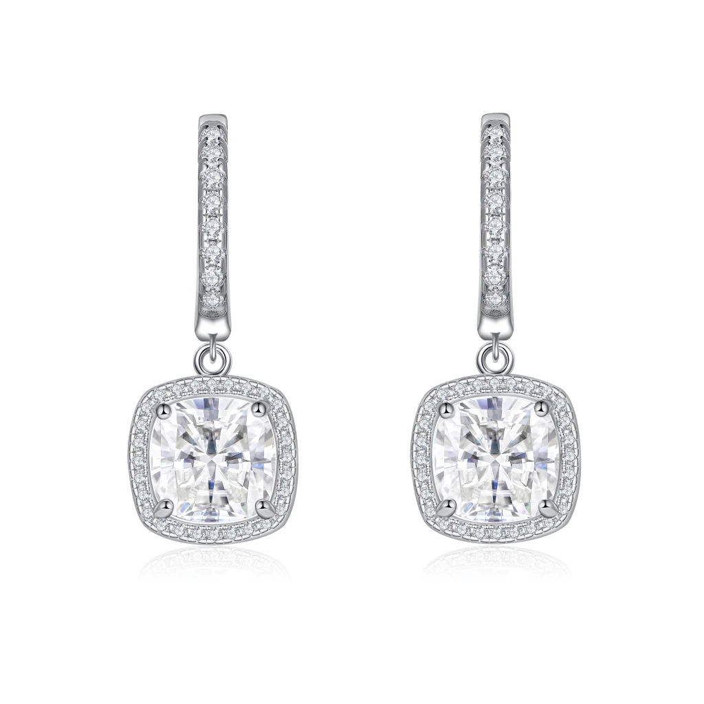 Cushion Drops - Halo & Huggie Moissanite Drop Earrings