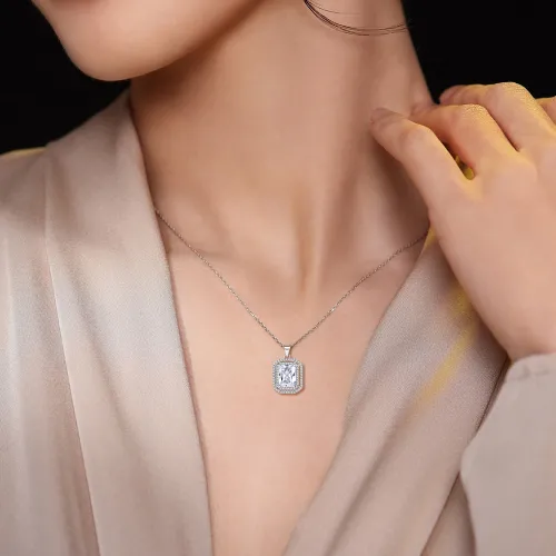 Cristallo - Radiant Cut Moissanite Double Halo Pendant Necklace - lifestyle