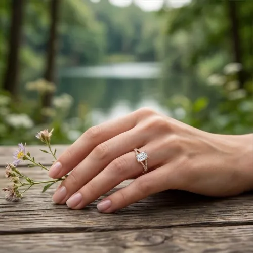 Emelise - Emerald Cut Moissanite Ring with Split-Shank and Side Stones - lifestyle