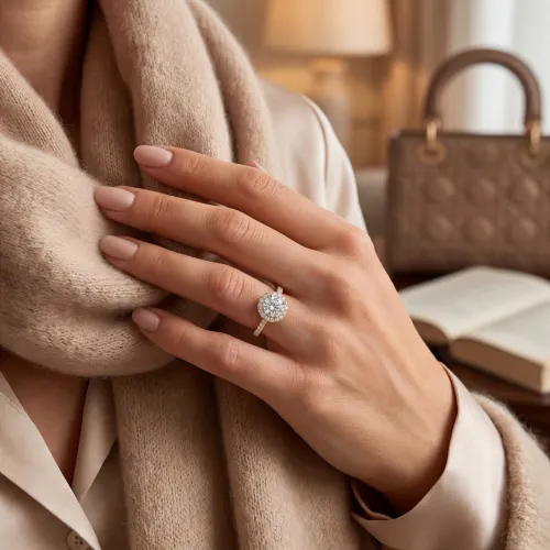 Dynara - Moissanite Engagement Ring with Halo and Pavé Band - lifestyle