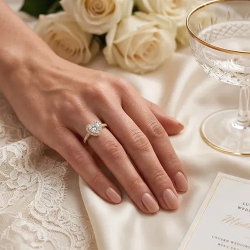 Amoria - Heart Cut Moissanite Engagement Ring with Halo and Pavé Set Side Stones - lifestyle