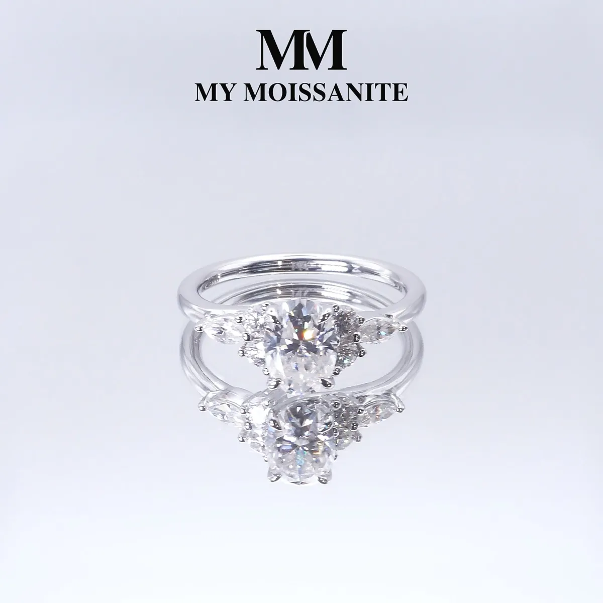 Olivette - Oval Cut Moissanite Engagement Ring with Marquise Side Stones
