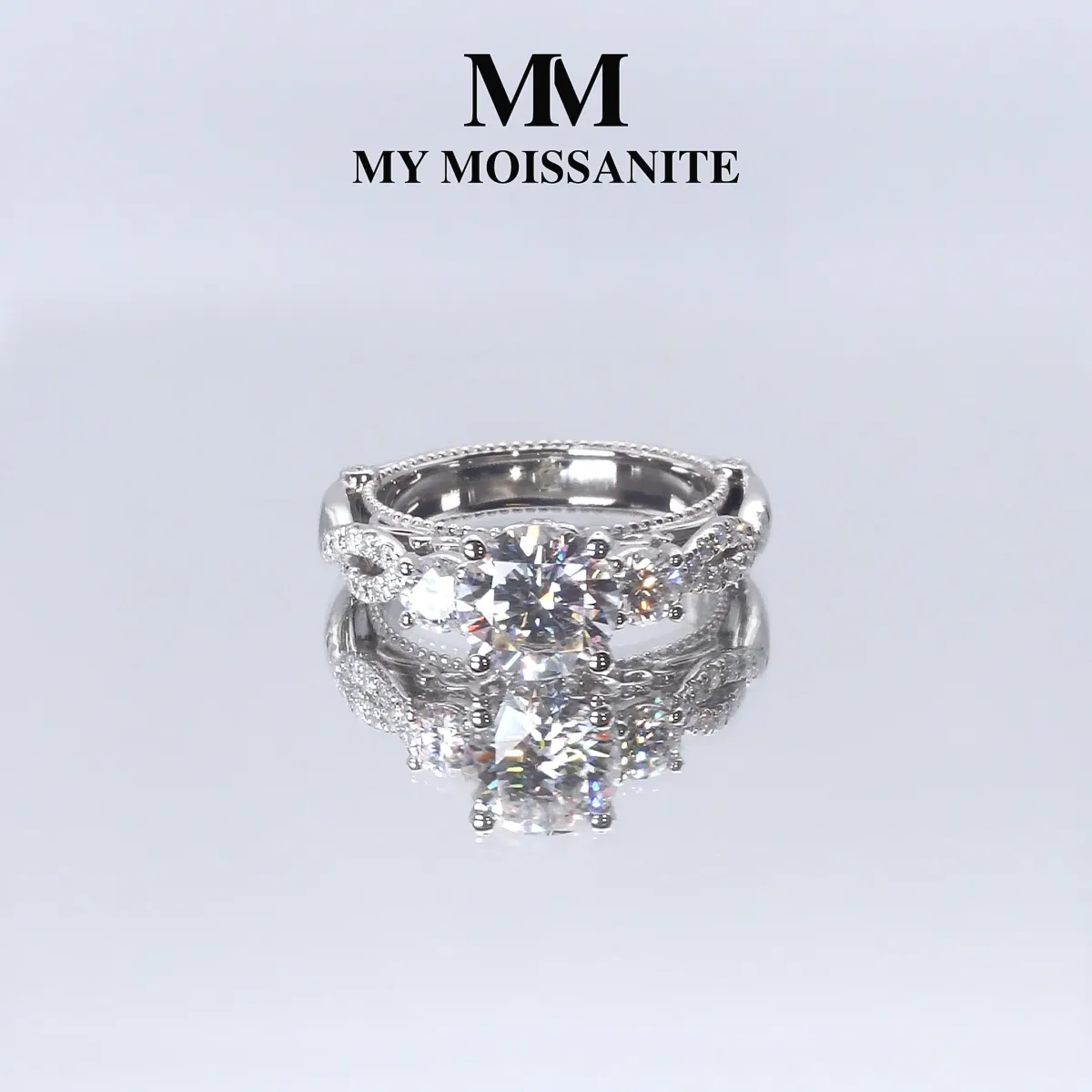 Circe - Vintage Inspired Moissanite Engagement Ring with Side Stones and Filigree Detailing