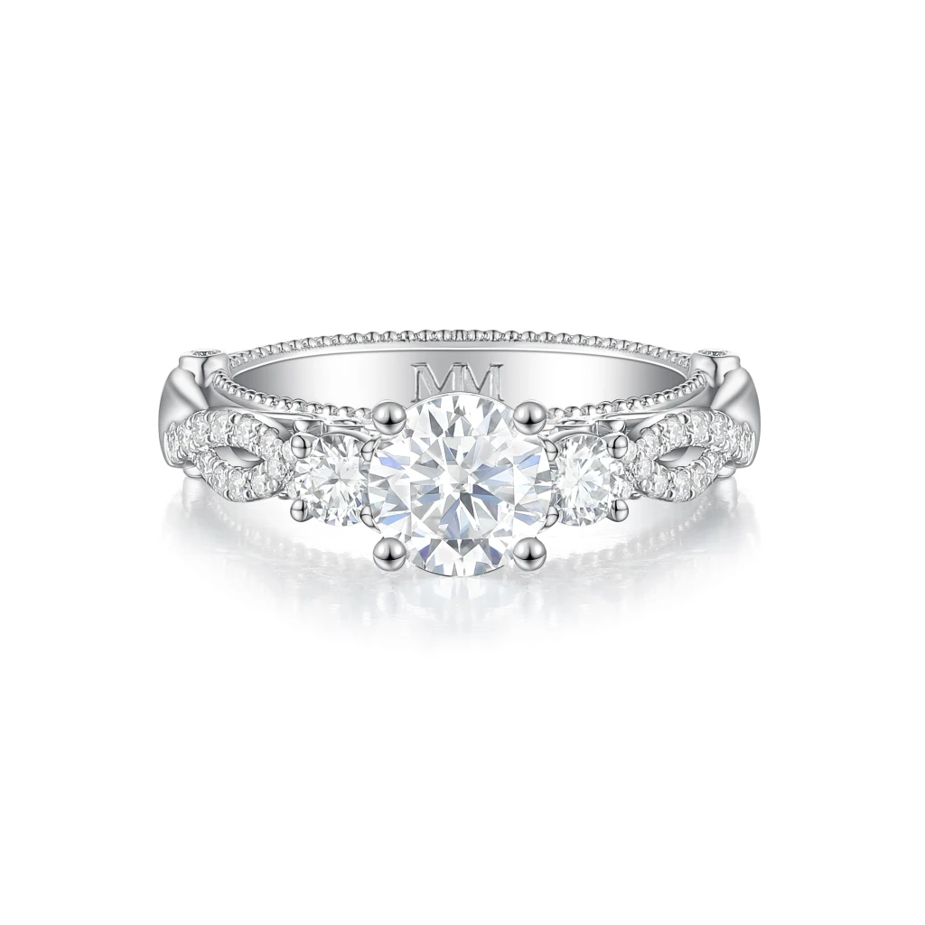 Circe - Vintage Inspired Moissanite Engagement Ring with Side Stones and Filigree Detailing