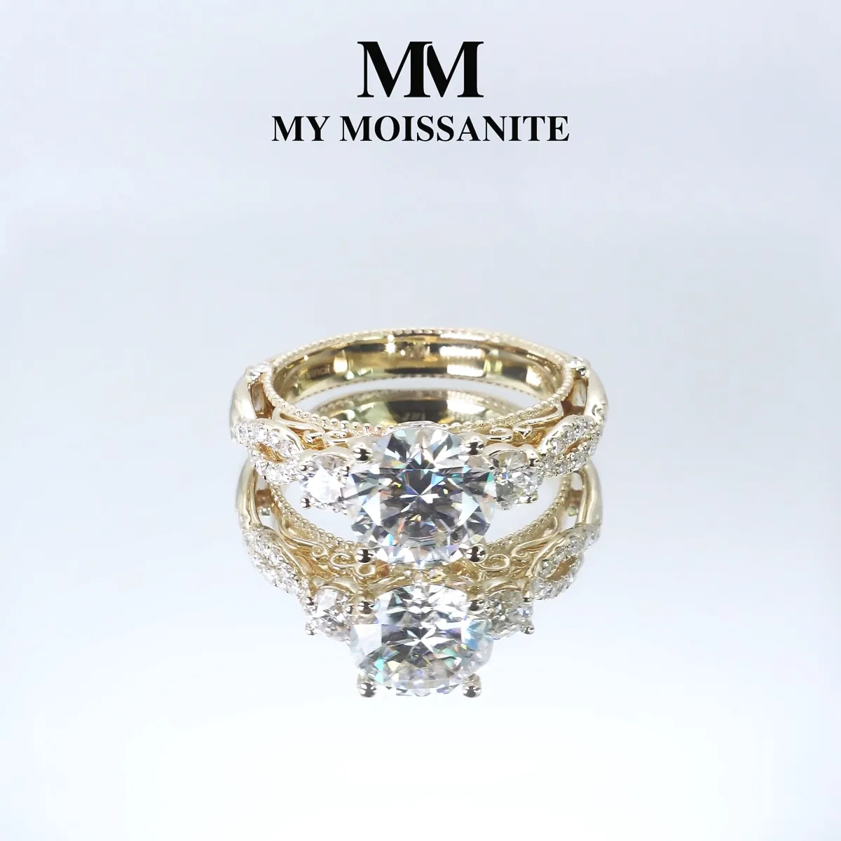 Circe - Vintage Inspired Moissanite Engagement Ring with Side Stones and Filigree Detailing