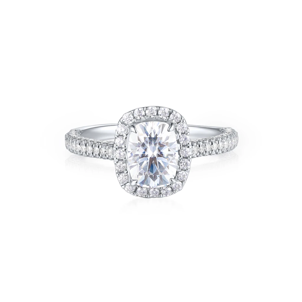 Plushette - Elongated Cushion Cut Moissanite Engagement Ring With Halo and Micropavé Shank