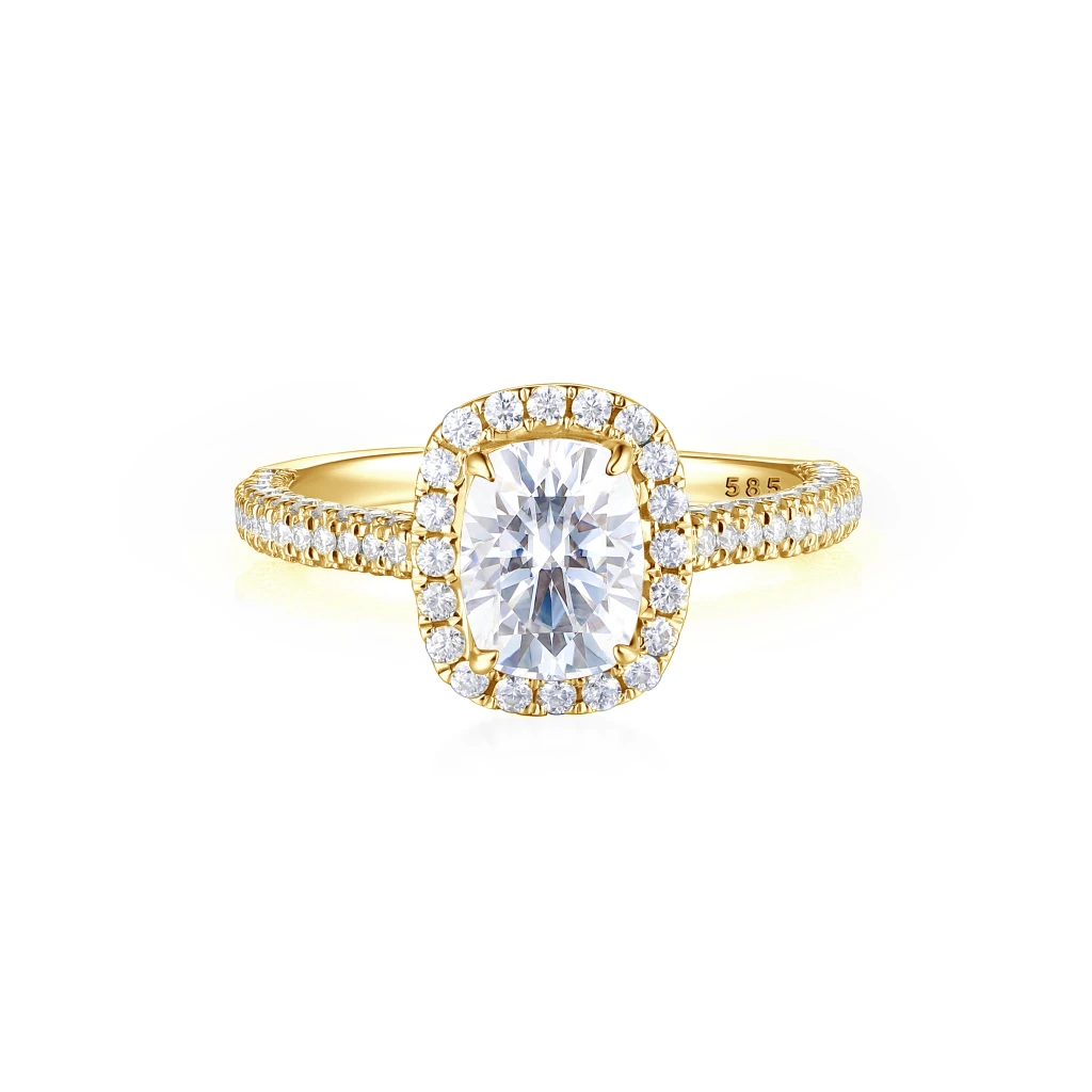 Plushette - Elongated Cushion Cut Moissanite Engagement Ring With Halo and Micropavé Shank