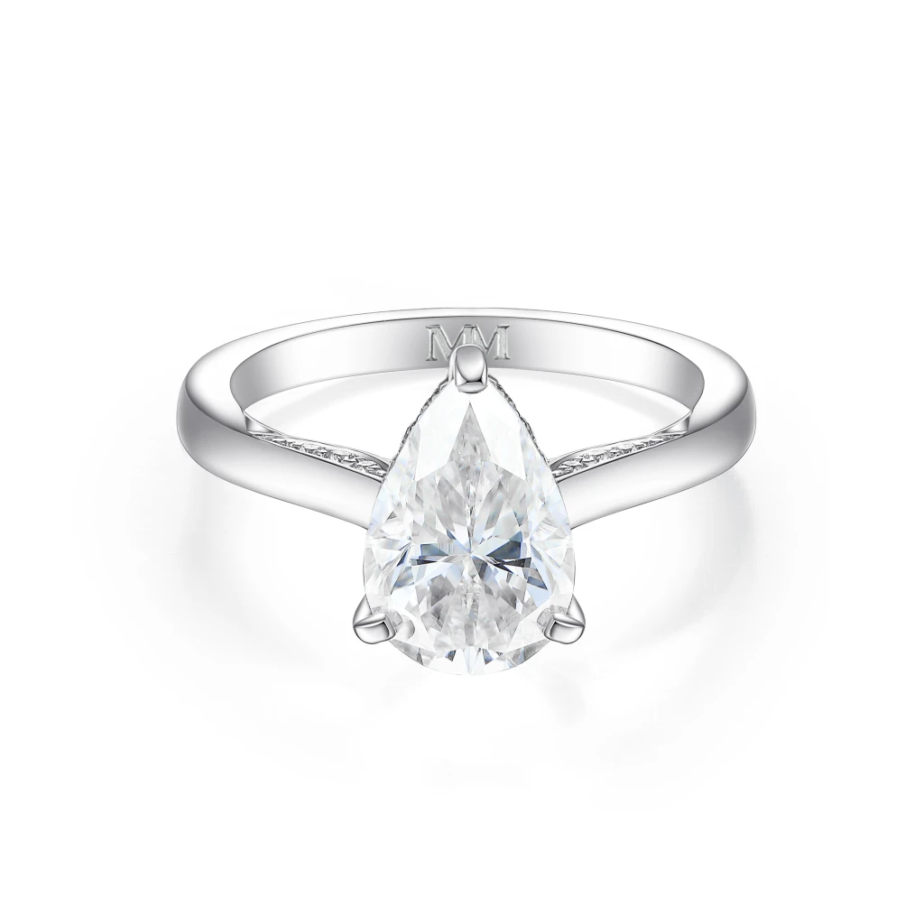 Poirine - Pear Cut Moissanite Ring with Hidden Halo and Pavé Accent Stones