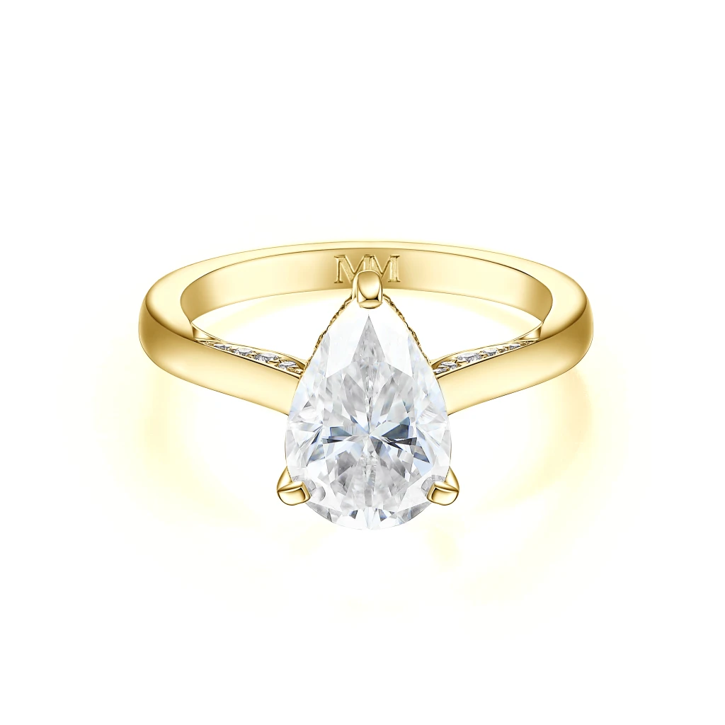 Poirine - Pear Cut Moissanite Ring with Hidden Halo and Pavé Accent Stones