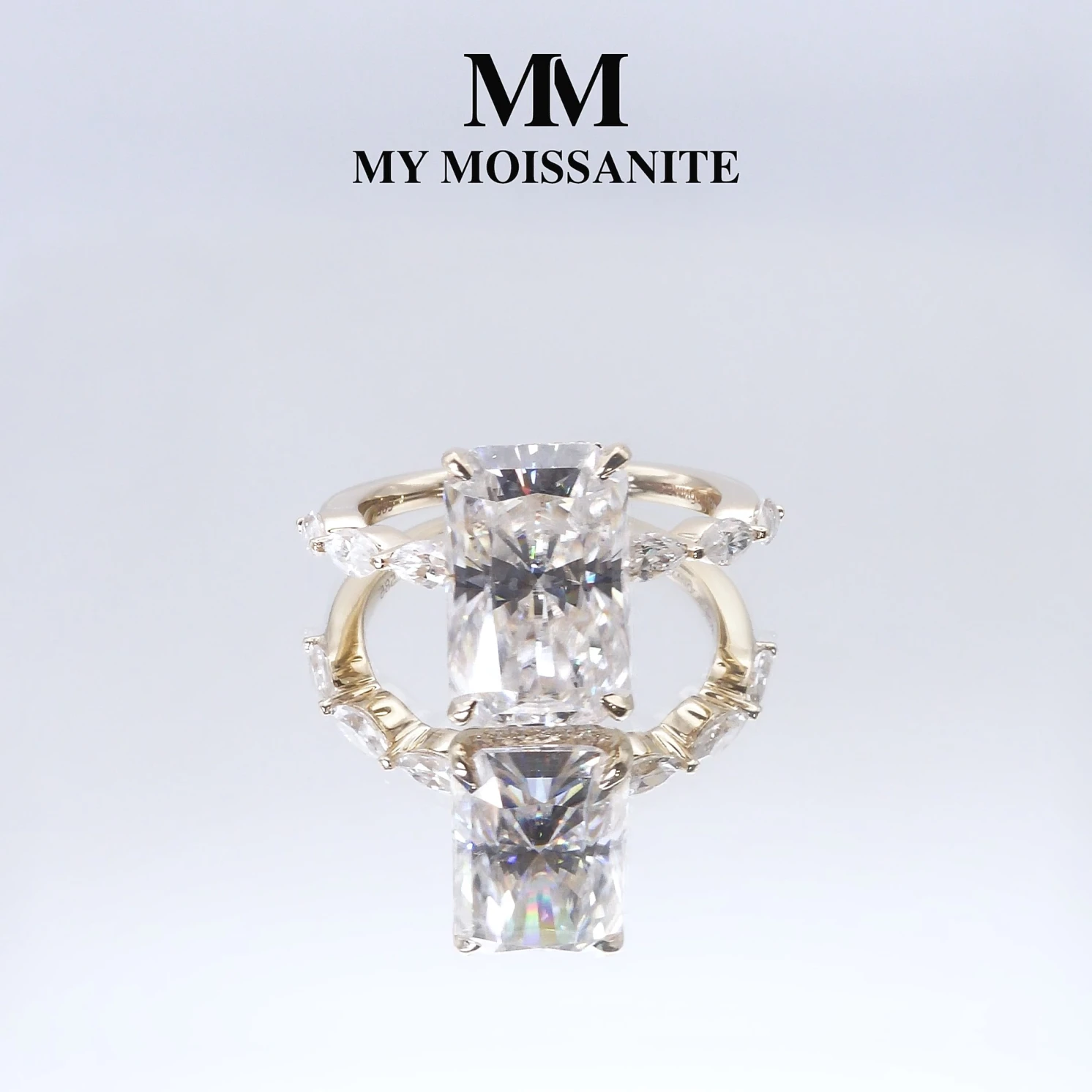 Luminaire - Radiant Cut Moissanite Ring With Marquise Side Stones and Hidden Halo