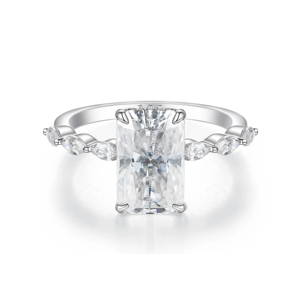 Luminaire - Radiant Cut Moissanite Ring With Marquise Side Stones and Hidden Halo