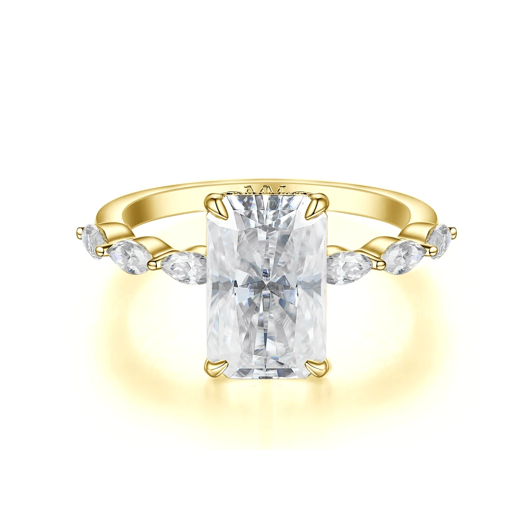 Luminaire - Radiant Cut Moissanite Ring With Marquise Side Stones and Hidden Halo