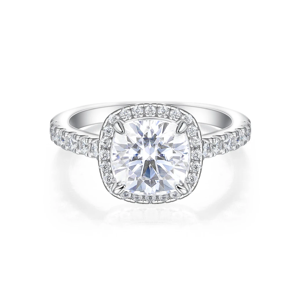 Candesce - Cushion Cut Moissanite Halo Engagement Ring With Accented Band