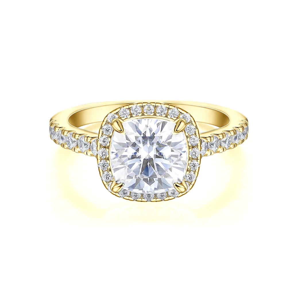 Candesce - Cushion Cut Moissanite Halo Engagement Ring With Accented Band