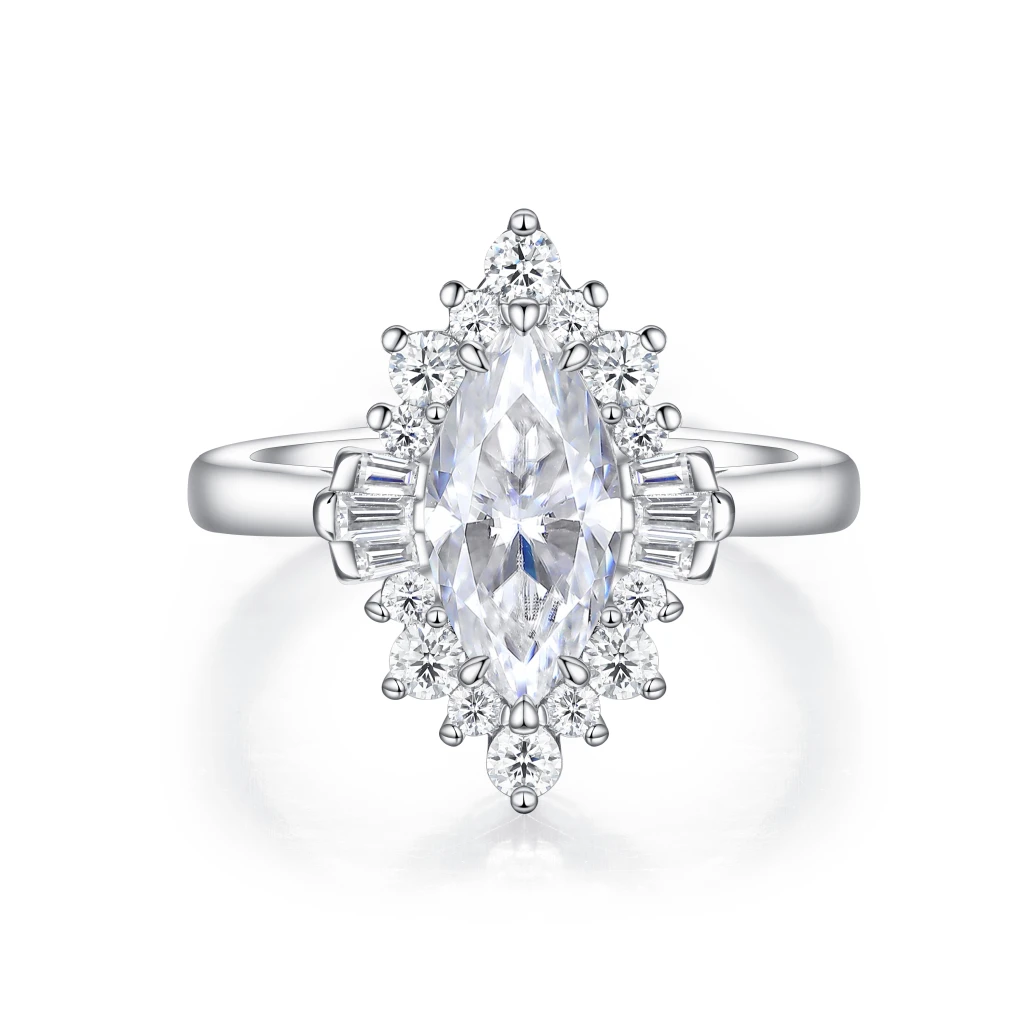 Crownique - Marquise Cut Moissanite Engagement Ring with Halo and Baguette Accents