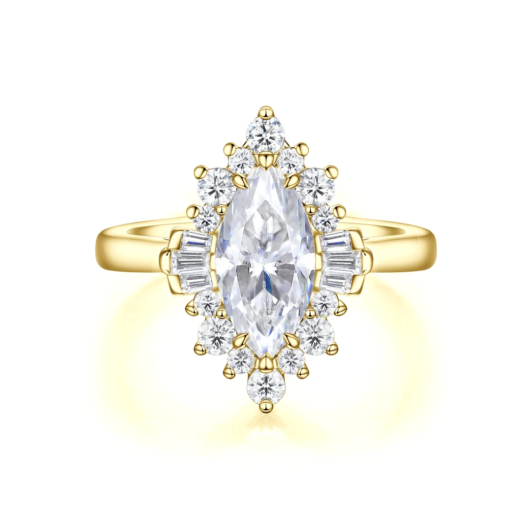 Crownique - Marquise Cut Moissanite Engagement Ring with Halo and Baguette Accents