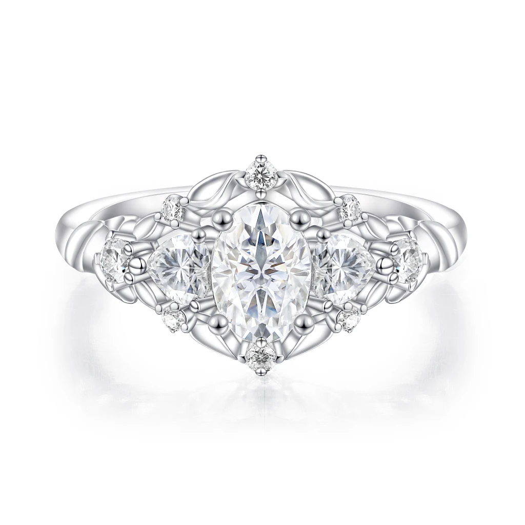 Gardenia - Oval Moissanite Engagement Ring with Heart and Round Accents