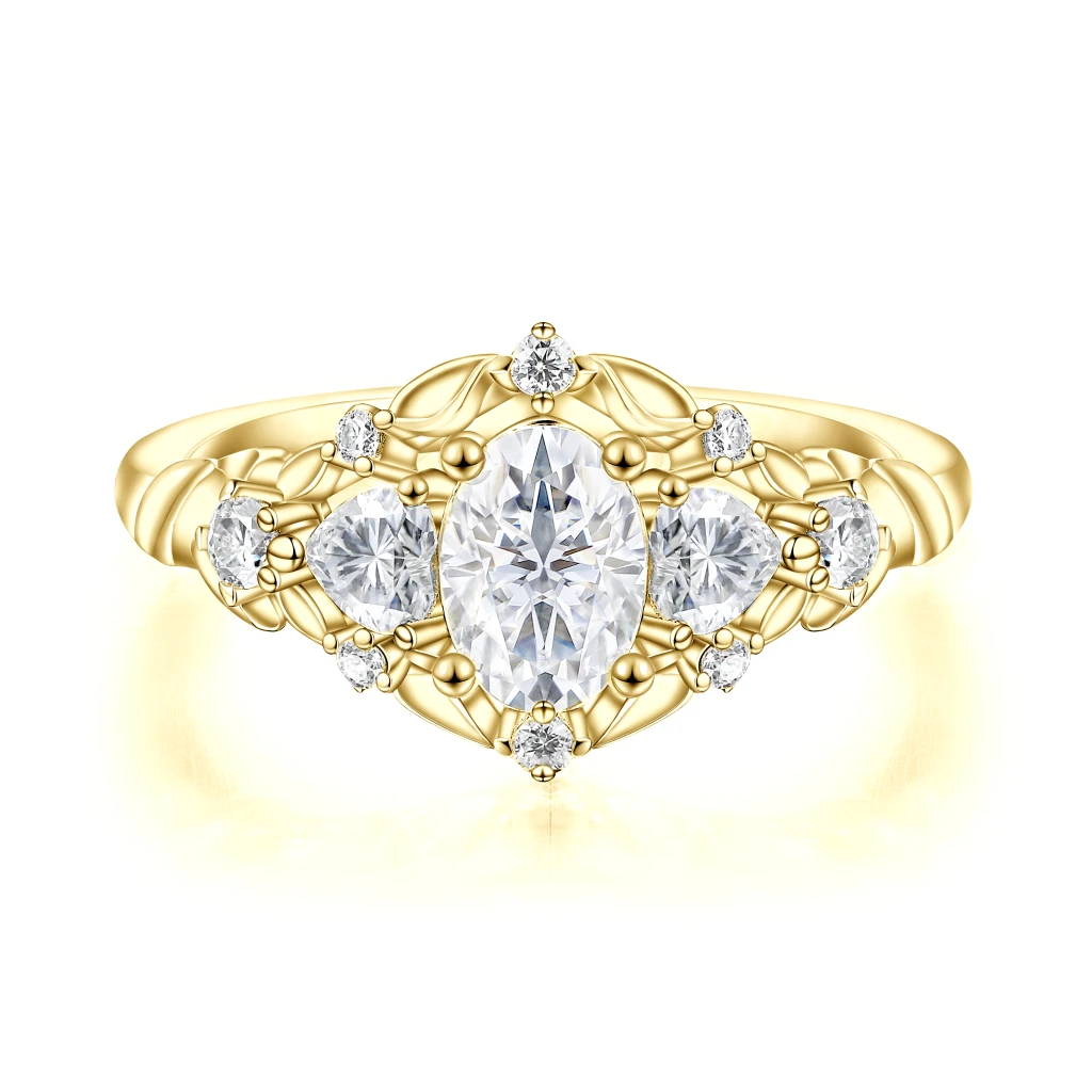 Gardenia - Oval Moissanite Engagement Ring with Heart and Round Accents