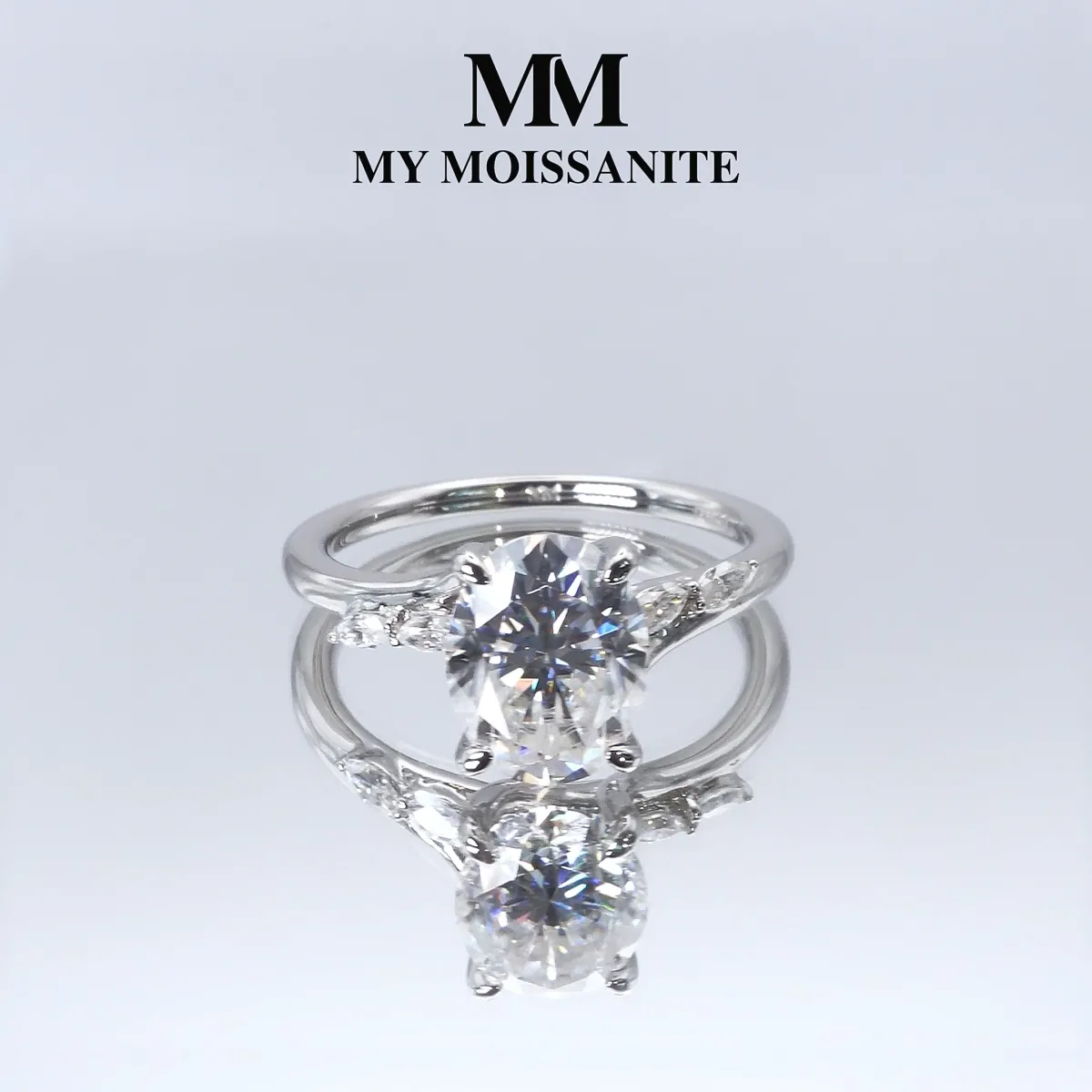 Viviette - Oval Cut Moissanite Engagement Ring with Marquise Accent Stones