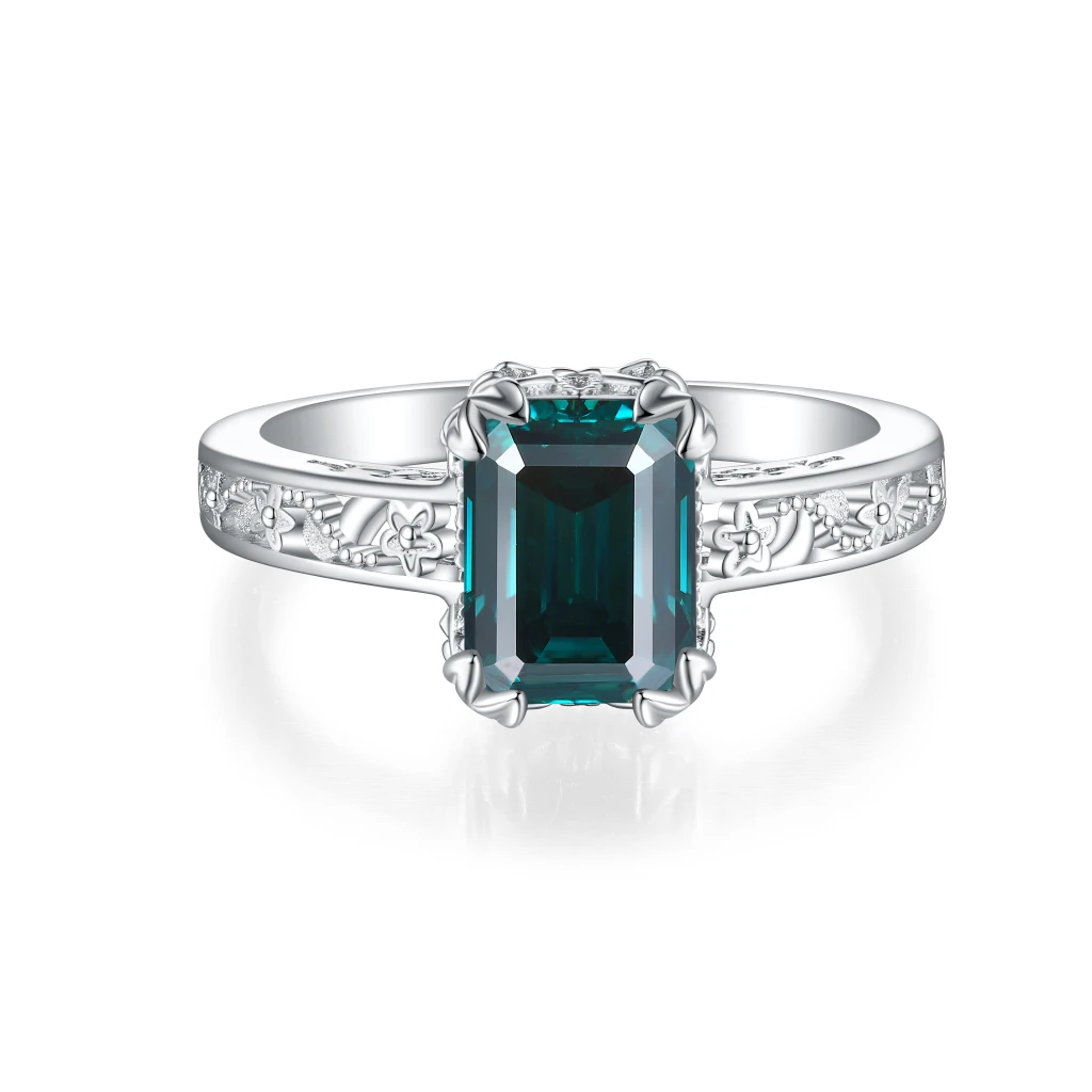 Verdisia - Vintage Floral Emerald Cut Green Moissanite Engagement Ring