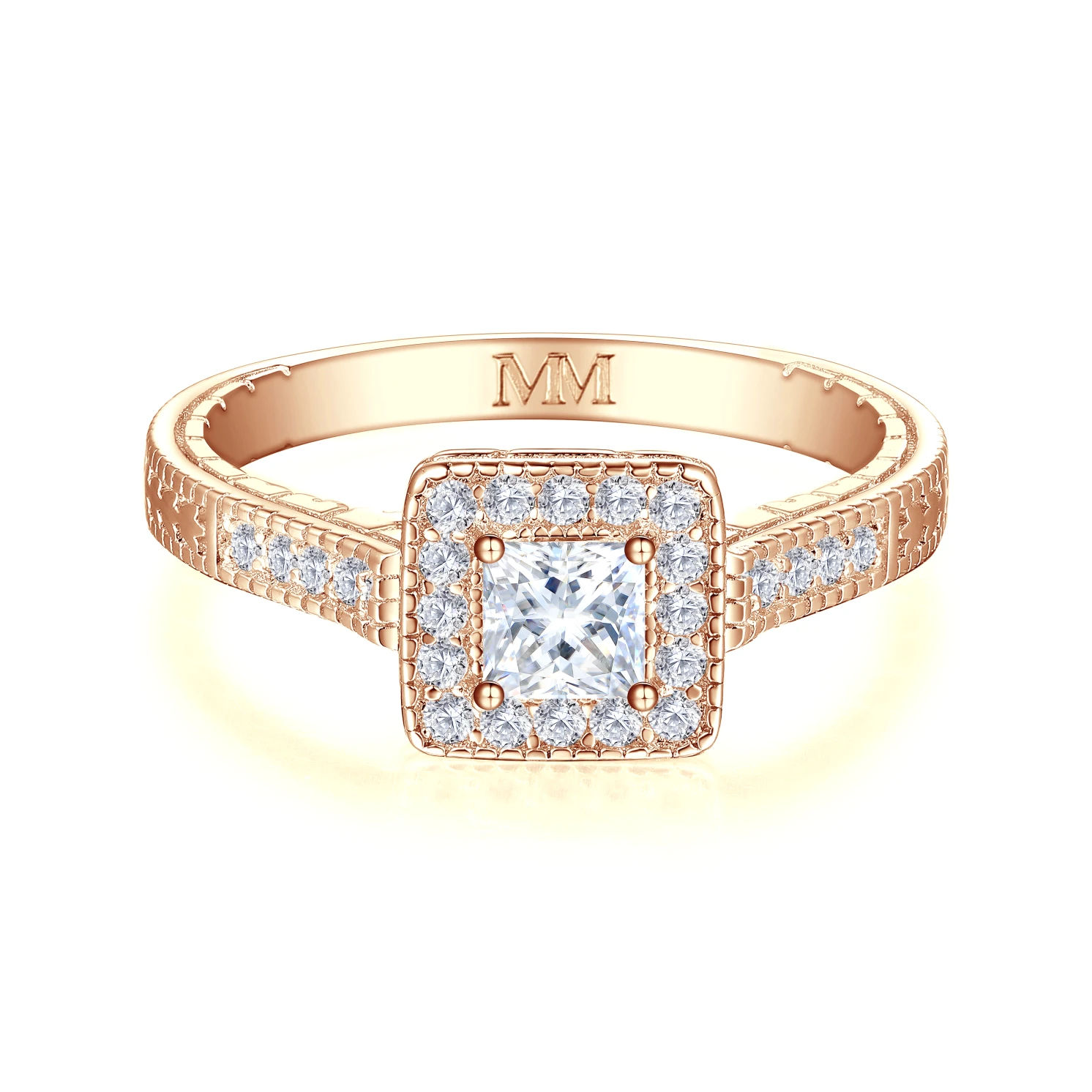 Paragone - Princess Cut Moissanite Halo Engagement Ring With Textured Band