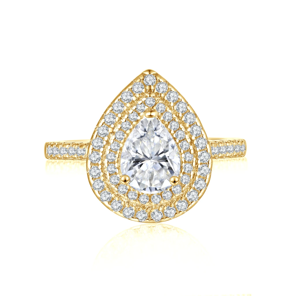 Athena - Pear Cut Moissanite Engagement Ring with Double Halo and Pavé Shank