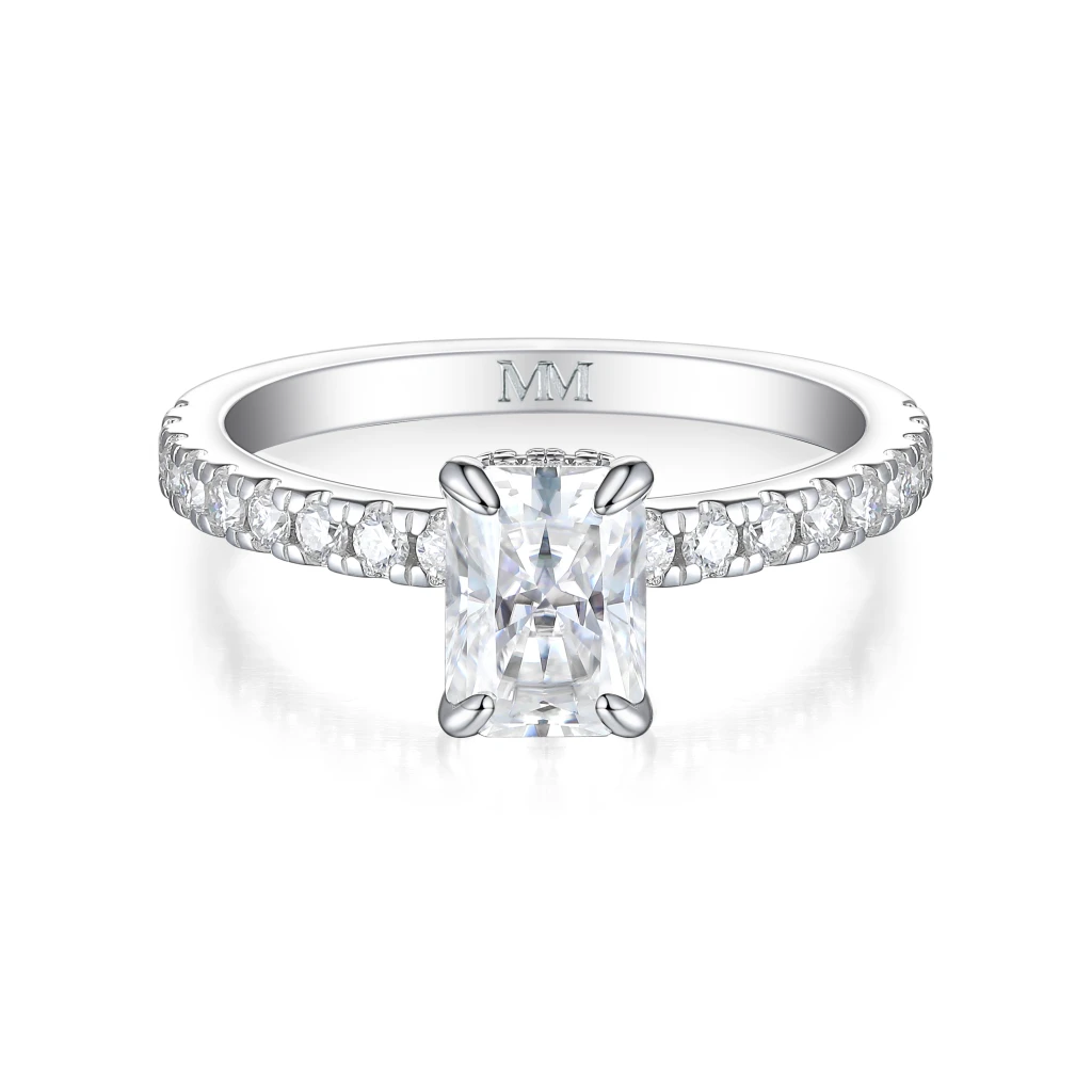 Astra - Radiant Moissanite Ring with Pavé Side Stones & Hidden Halo