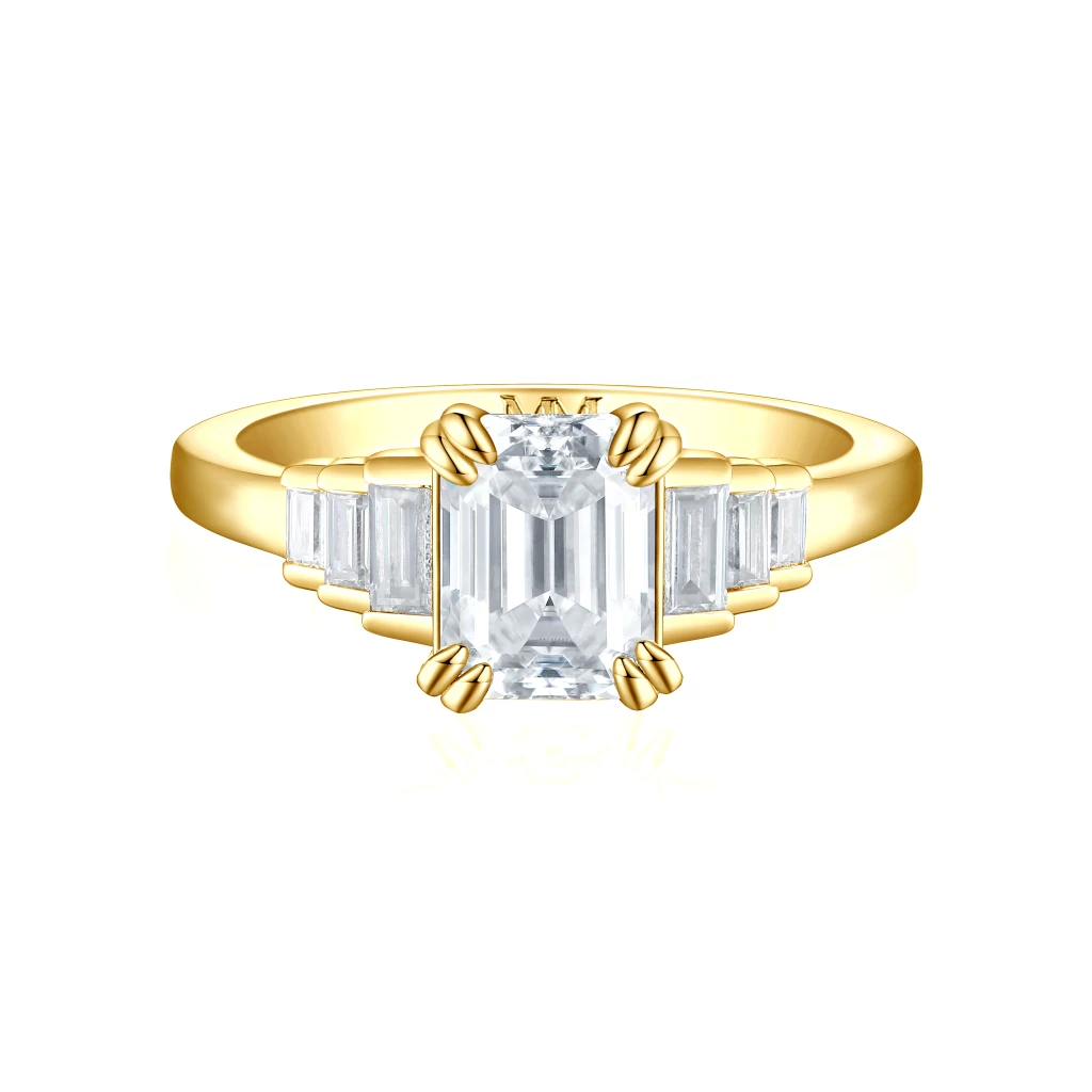 Rectanglo - Emerald Cut Moissanite Ring with Baguette Accents