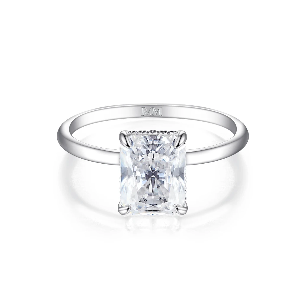Mirabelle - Radiant Cut Moissanite Solitaire Ring with Basket Setting and Hidden Halo