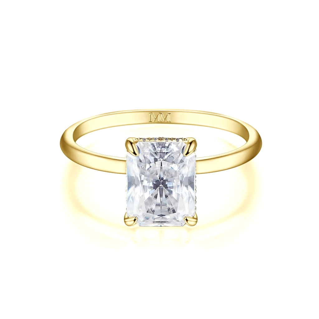 Mirabelle - Radiant Cut Moissanite Solitaire Ring with Basket Setting and Hidden Halo