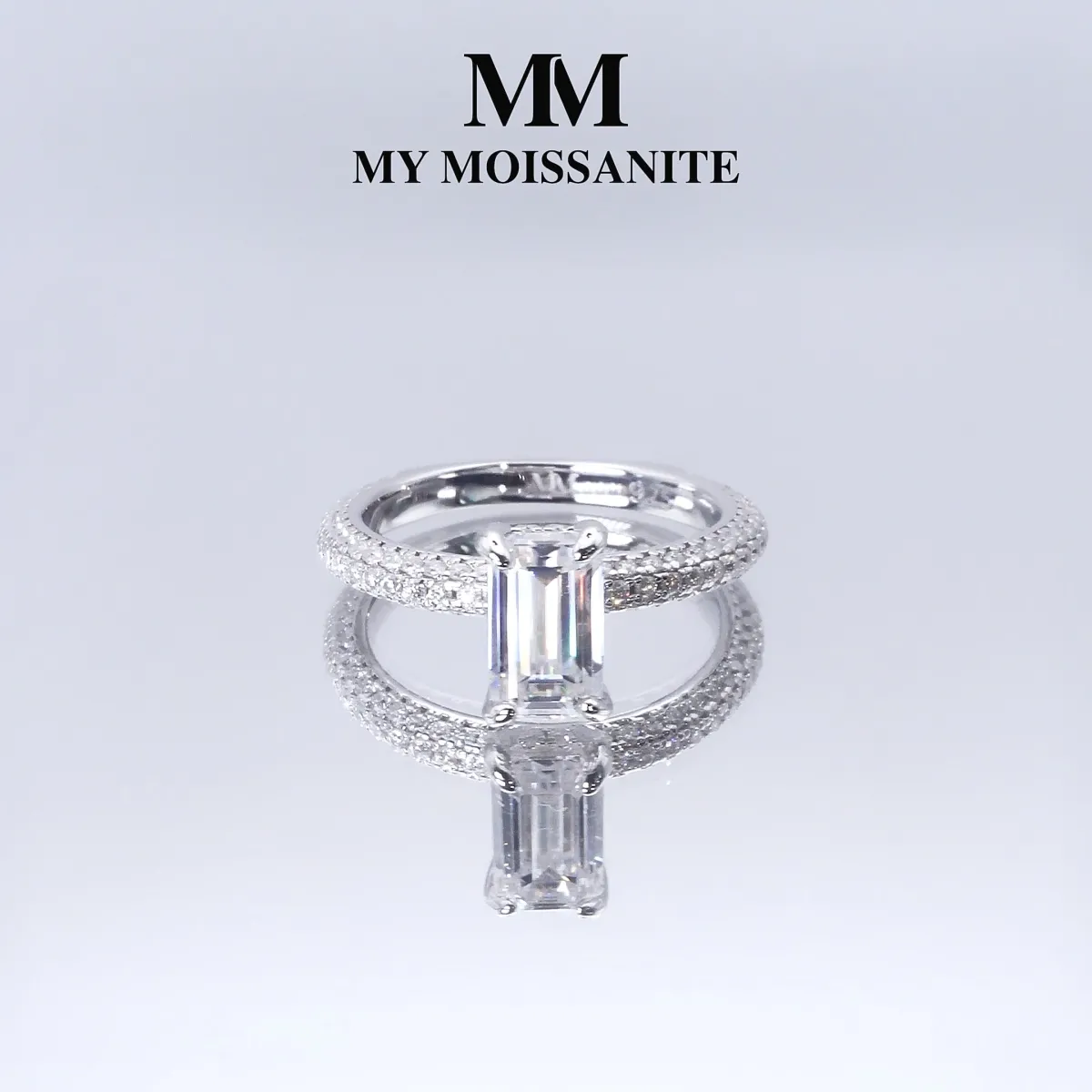 Veridian - Emerald Cut Moissanite Ring With Pavé-Set Band