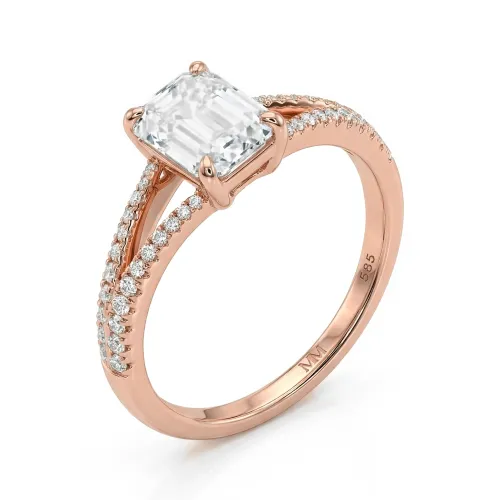 Emelise - Emerald Cut Moissanite Ring with Split-Shank and Side Stones