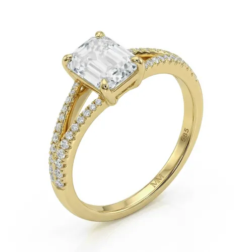 Emelise - Emerald Cut Moissanite Ring with Split-Shank and Side Stones
