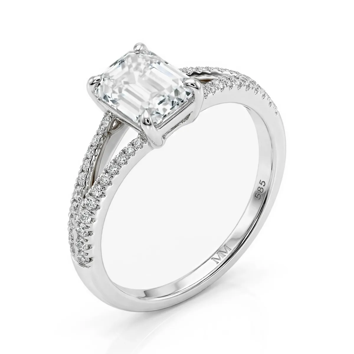 Emelise - Radiant Cut Moissanite Ring with Split-Shank and Side Stones