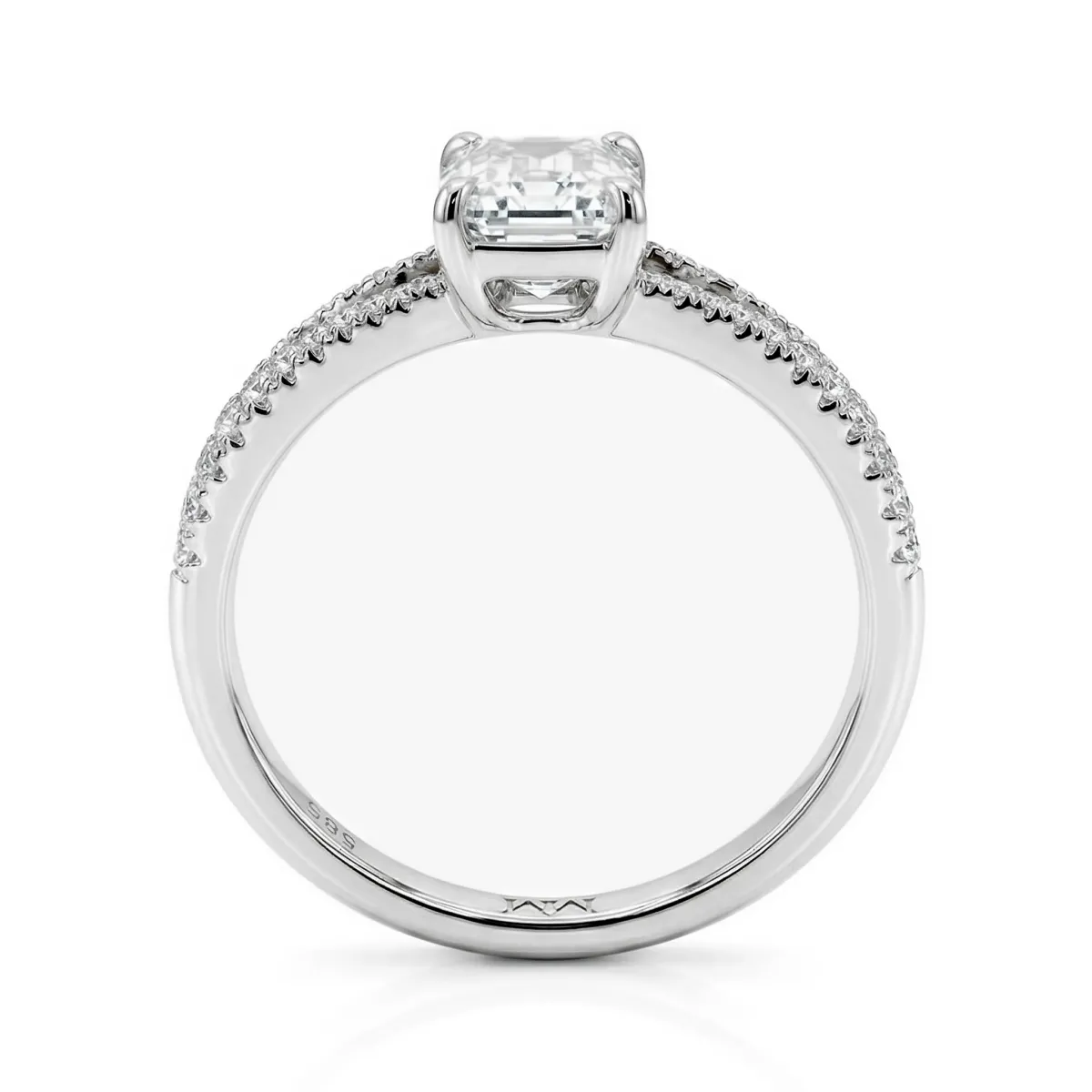 Emelise - Radiant Cut Moissanite Ring with Split-Shank and Side Stones