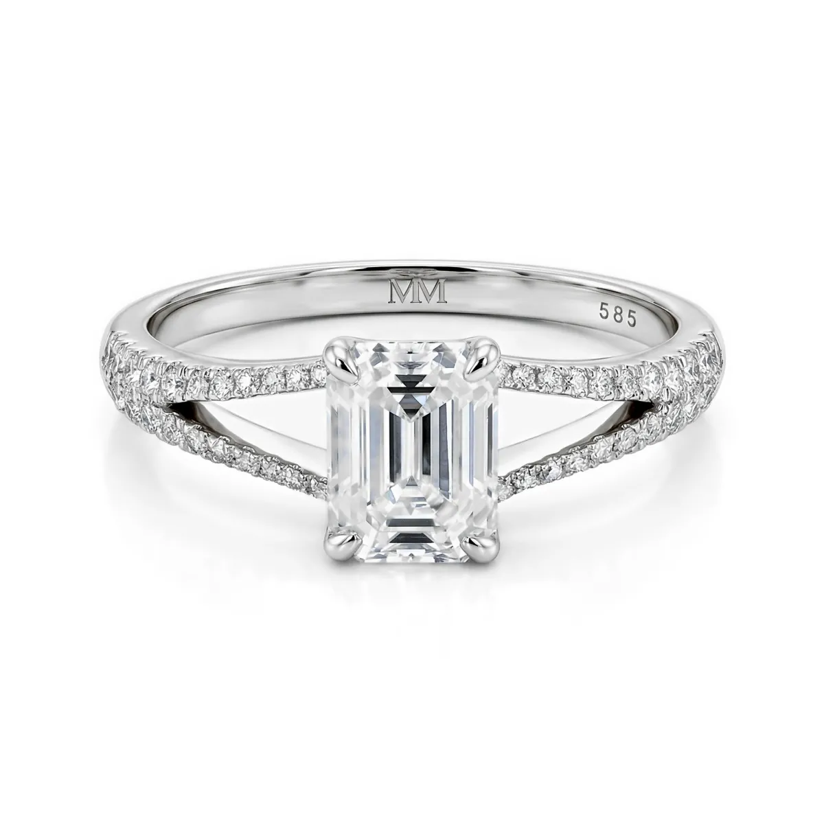 Emelise - Radiant Cut Moissanite Ring with Split-Shank and Side Stones
