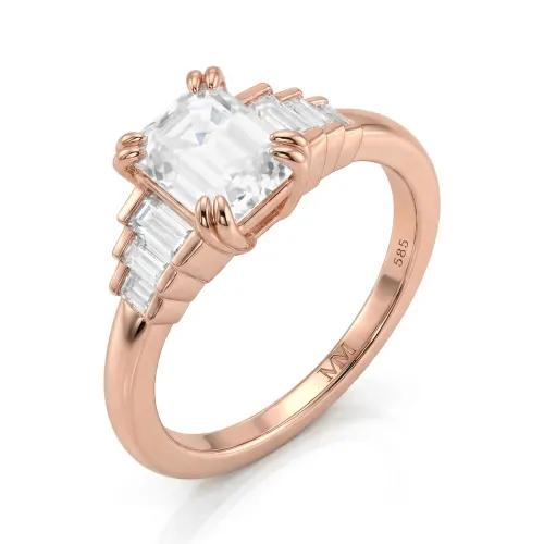 Rectanglo - Emerald Cut Moissanite Ring with Baguette Accents