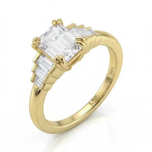 Rectanglo - Emerald Cut Moissanite Ring with Baguette Accents
