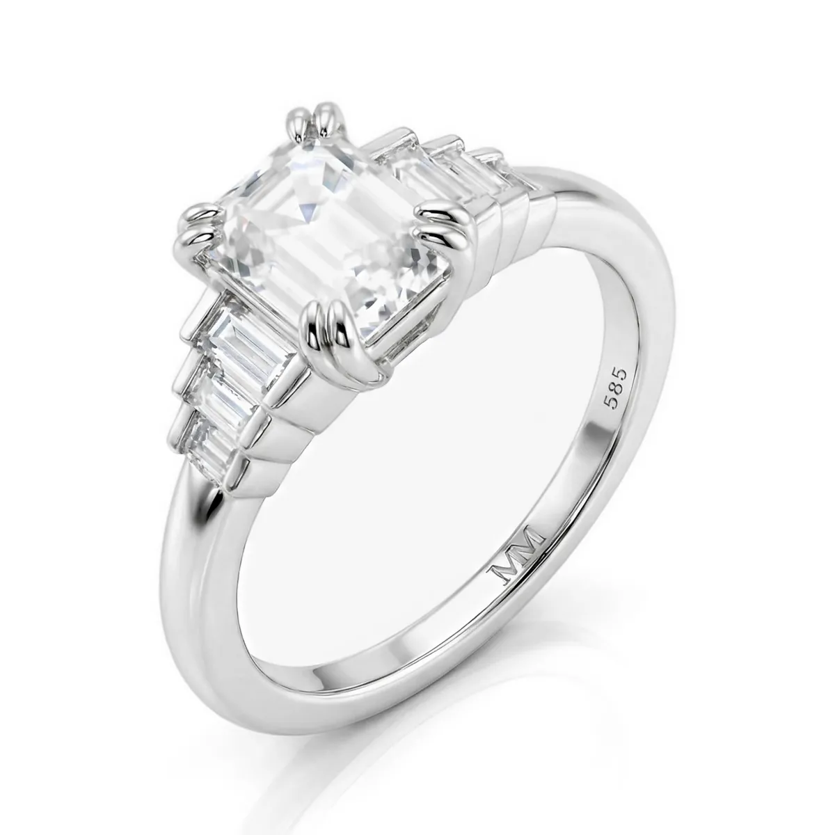 Rectanglo - Emerald Cut Moissanite Ring with Baguette Accents