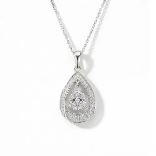 Pendula – Teardrop Moissanite Pendant with Dual Halo Elegance