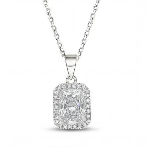 Gemina – Radiant Cut Moissanite Pendant in a Paved Halo Setting