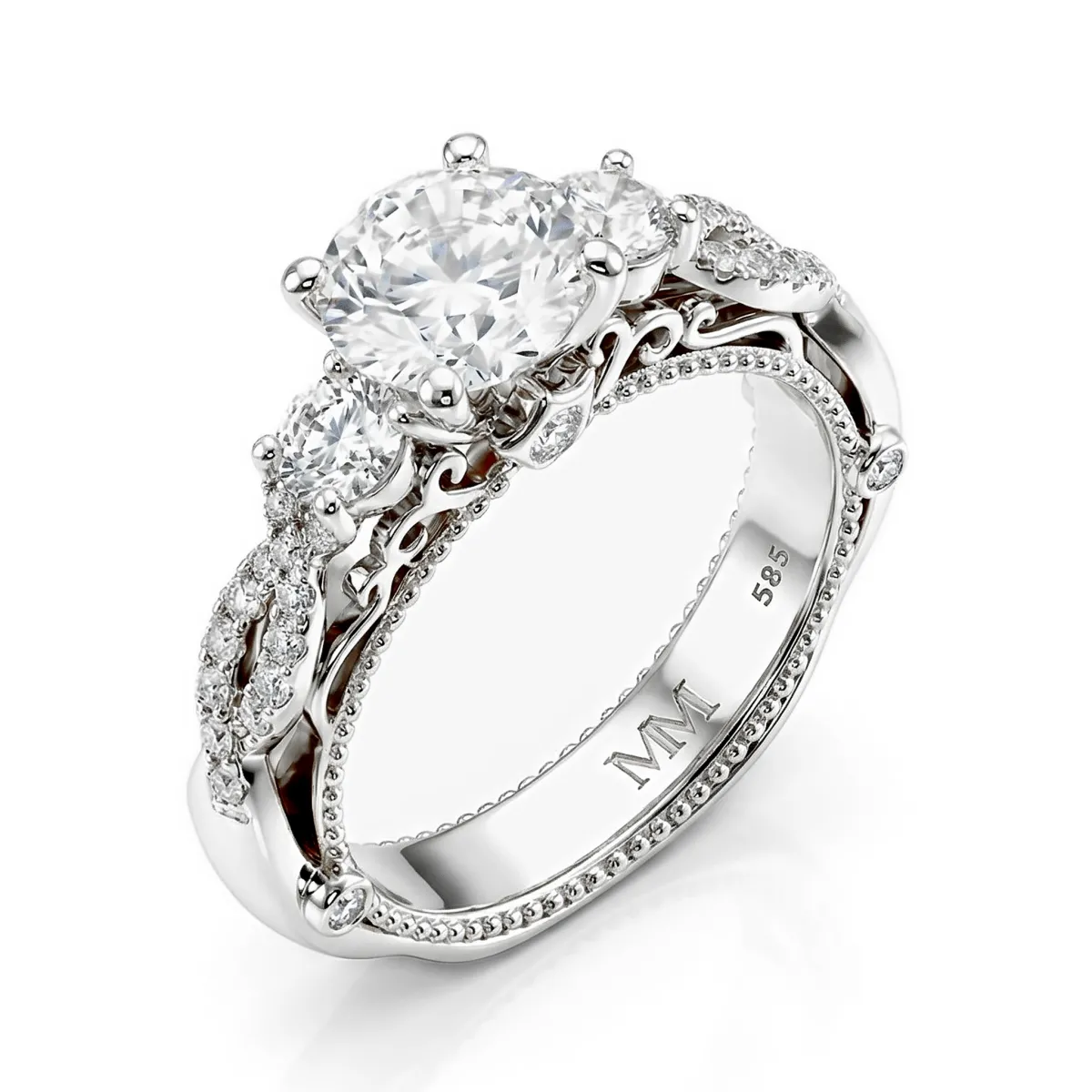 Circe - Vintage Inspired Moissanite Engagement Ring with Side Stones and Filigree Detailing