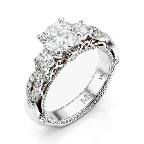 Circe - Vintage Inspired Moissanite Engagement Ring with Side Stones and Filigree Detailing