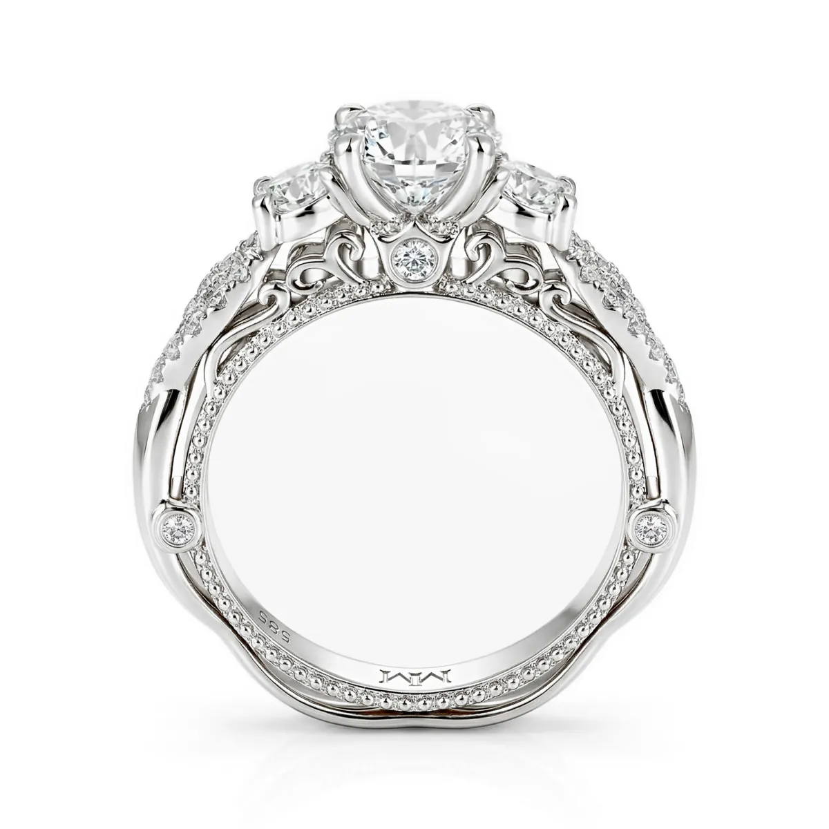 Circe - Vintage Inspired Moissanite Engagement Ring with Side Stones and Filigree Detailing