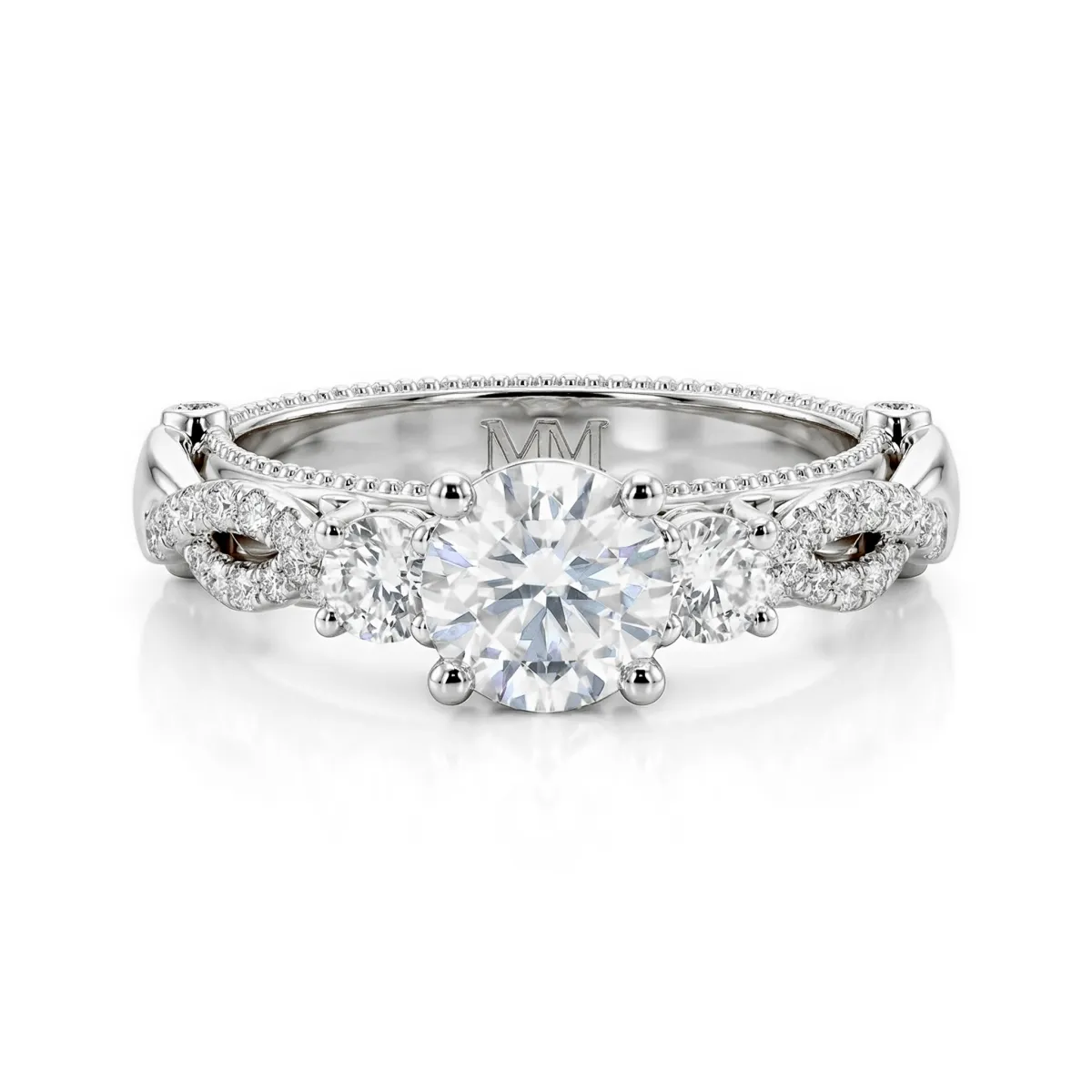 Circe - Vintage Inspired Moissanite Engagement Ring with Side Stones and Filigree Detailing