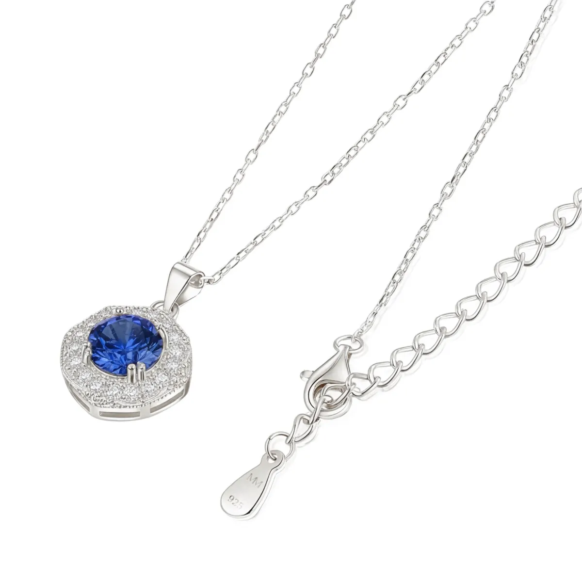 Purelle - Royal Blue Moissanite Halo Pendant with Link Chain