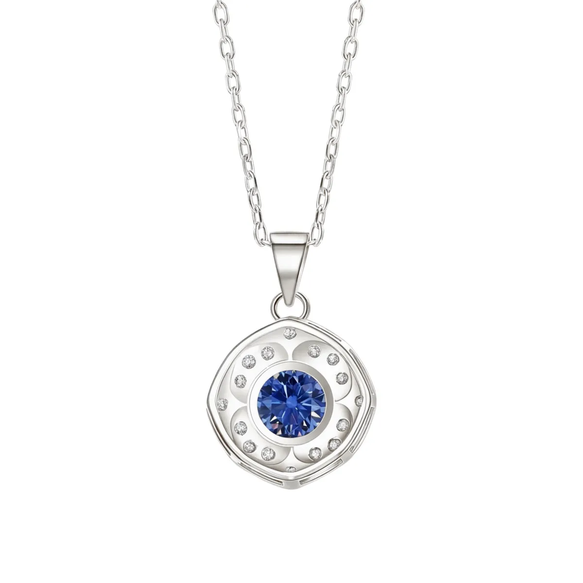 Purelle - Royal Blue Moissanite Halo Pendant with Link Chain