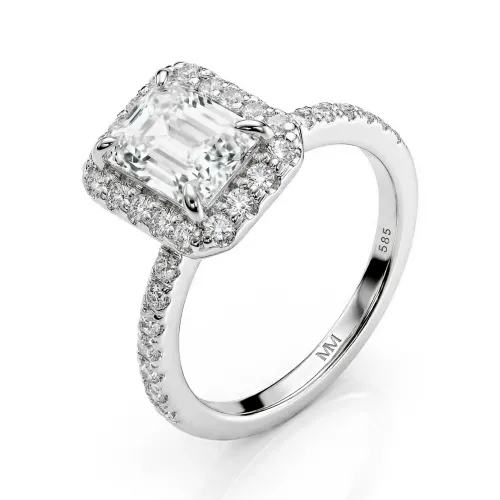 Esmeralda – Emerald Cut Moissanite Ring in Halo Setting