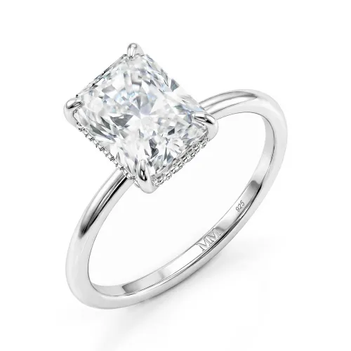 Mirabelle - Radiant Cut Moissanite Solitaire Ring with Basket Setting and Hidden Halo